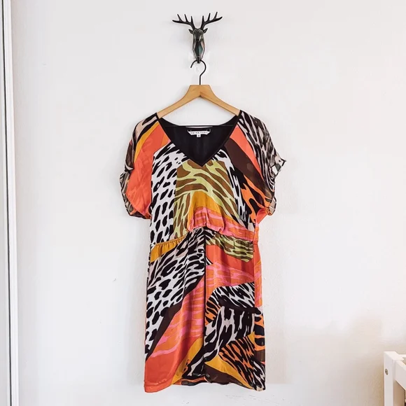 Trina Turk Women's Orange/Black Animal Print Silk Midi Dress Size 8 - Picture 1 of 7